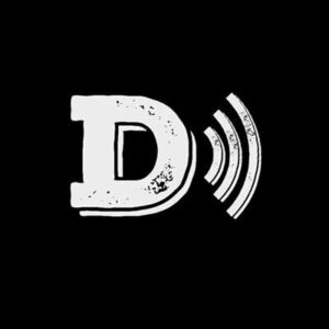 White "D" with amplifying symbol on a black background